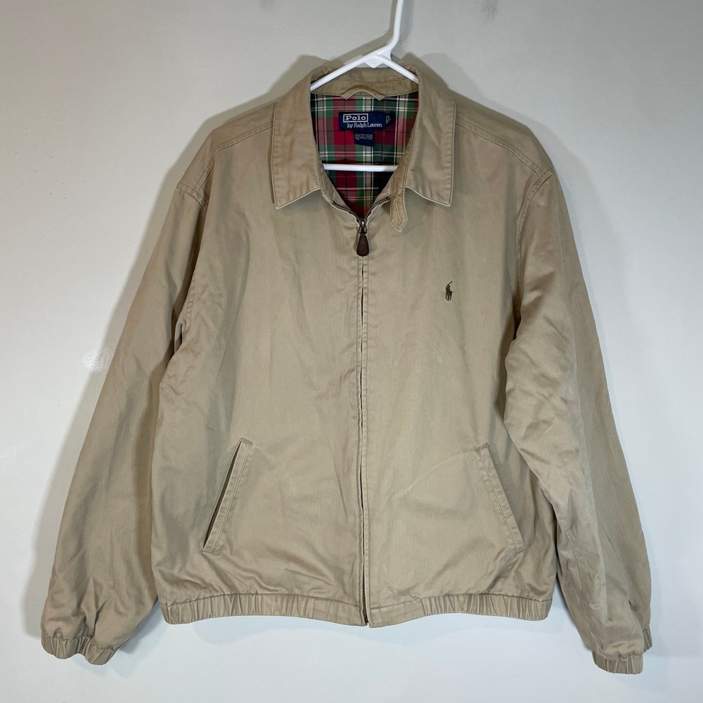 VTG Polo Ralph Lauren Mens Khaki Harrington Jacket Plaid Lined Large Bomber